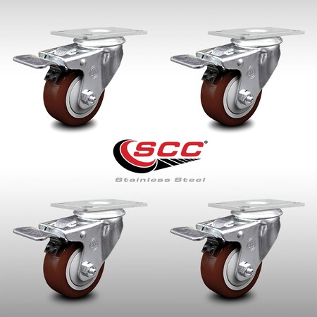 Service Caster 3 Inch SS Maroon Polyurethane Top Plate Caster Set Total Lock Brake SCC SCC-SSTTL20S314-PPUB-MRN-4
